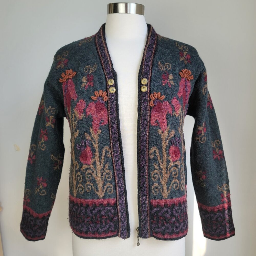 Newton Trading Co. Shetland Wool Iceland Cottagecore Floral Zip Up Cardigan PM
